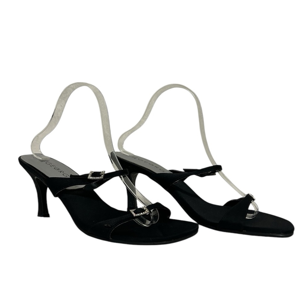 George Elegant Black Strappy Kitten Rhinestone Buckle Sandal Heels sz 9